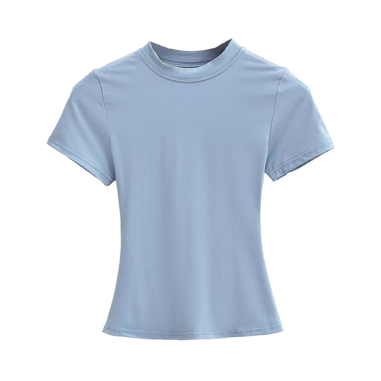 Solid Color Small Round Neck Elastic Shoulder Short Sleeve T-shirt Basic Style Waist-tight