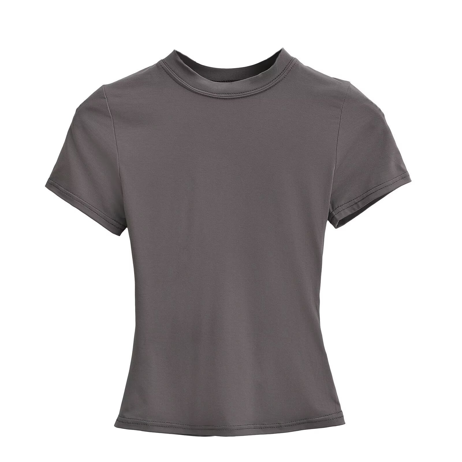 Solid Color Small Round Neck Elastic Shoulder Short Sleeve T-shirt Basic Style Waist-tight