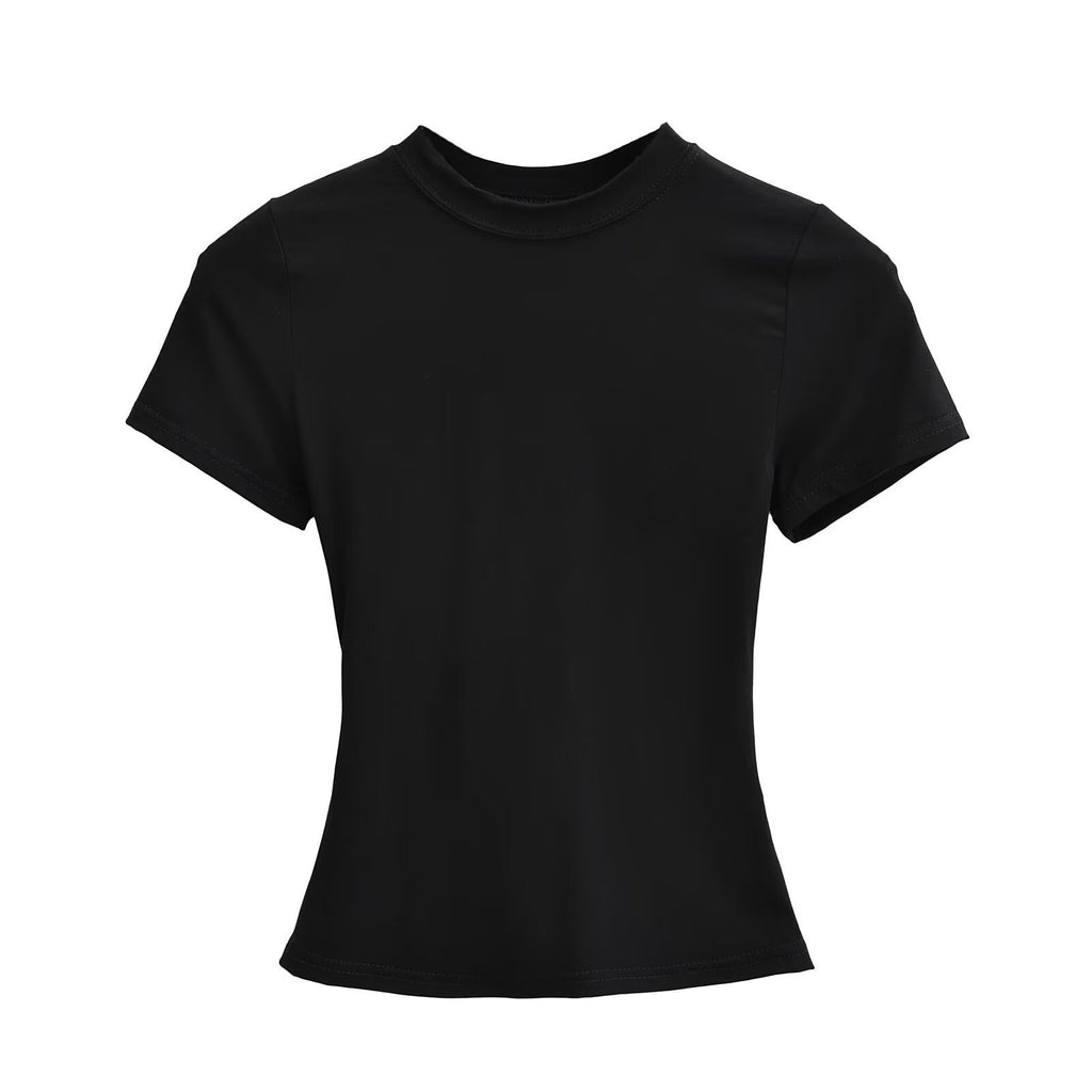 Solid Color Small Round Neck Elastic Shoulder Short Sleeve T-shirt Basic Style Waist-tight